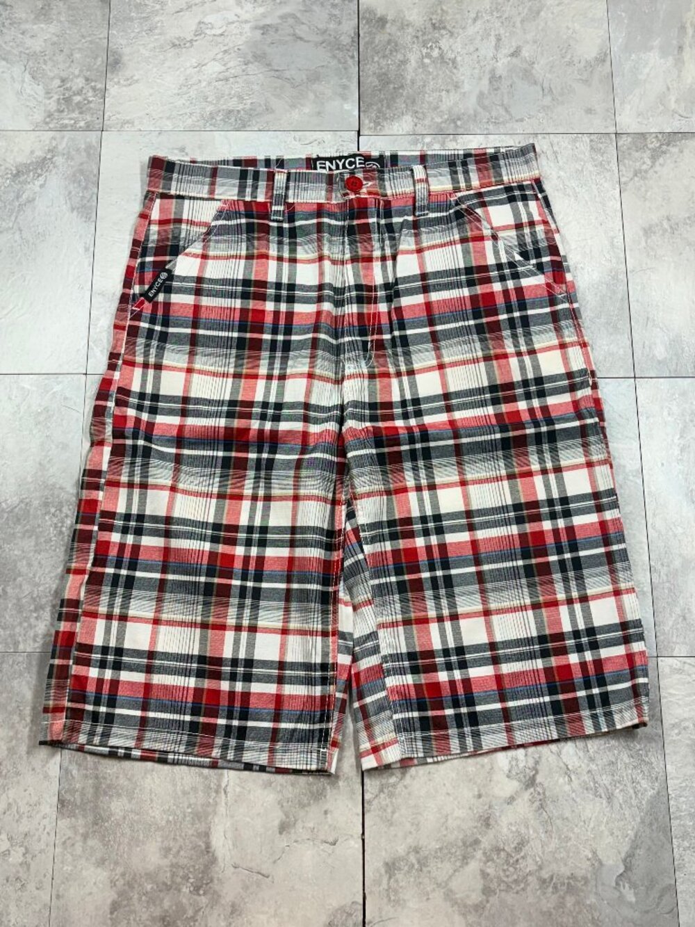 Enyce Plaid Baggy Shorts Men's 36 Red White Wide Leg Y2K